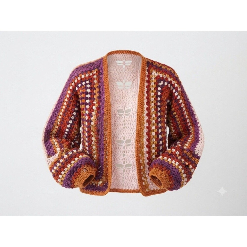 Handmade Crochet Cardigan Sweater Womens S/M Multicolor Granny Square Boho